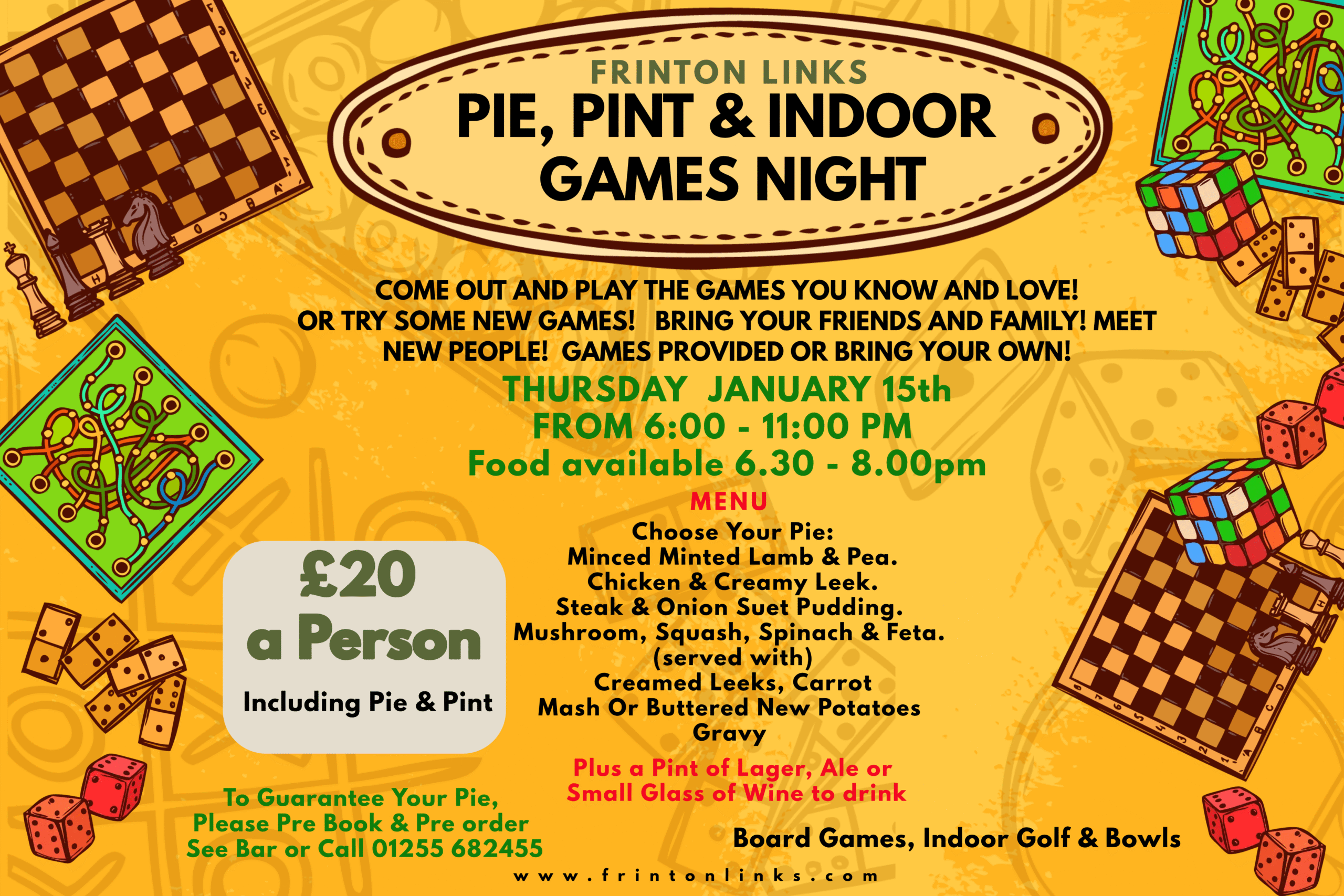 Thursday 15th January – Pie, Pint & Indoor Games Night